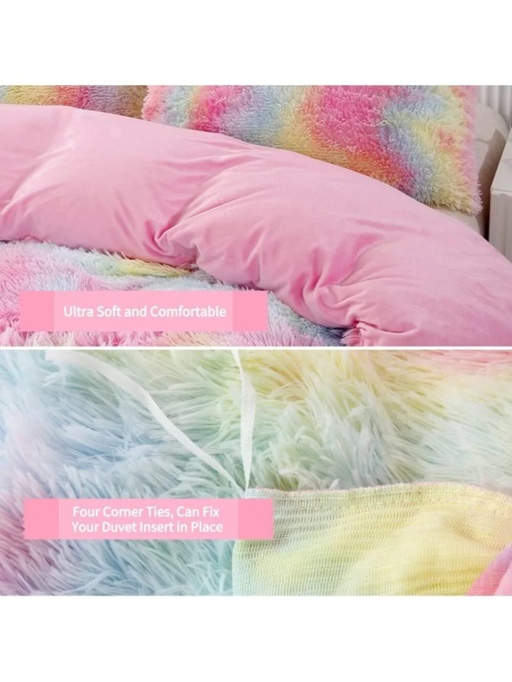 Rainbow Long Hair Twin Bedding Set - 3 Pieces, Colorful Girls' Room Decor